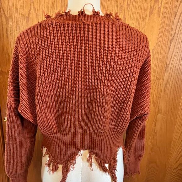 Distressed V Neck (Rust) Frayed Hem Crop Sweater (Distressed) / Size: One-Size - Picture 4 of 8